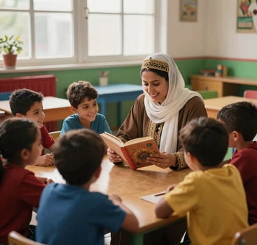 A warm photography of a Moroccan teacher sitting with children in a colorful classroom, reading a book together. The children look engaged and happy. The setting is modern yet culturally relevant, with soft natural light coming from a large window. Brand colors red and green appear in the decor.