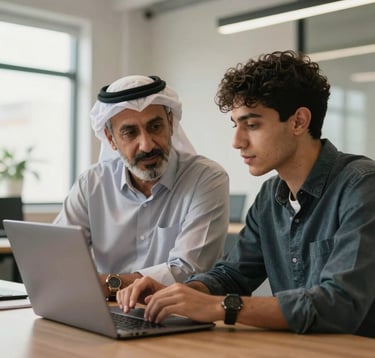 A professional North African mentor in a modern office setting guiding a young adult on a laptop, representing career counseling and entrepreneurial support, lighting is warm and inspiring.