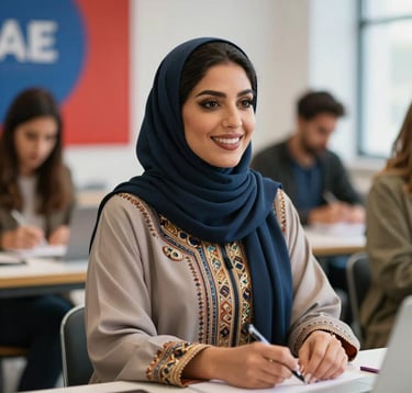 A focused professional photography of a Moroccan woman in a modern workspace, engaged in a creative entrepreneurship workshop. She is smiling confidently, wearing elegant traditional-modern attire. The background is softly blurred with hints of red and blue brand colors.