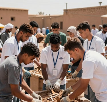 A heartwarming photography of a community volunteering event in Morocco, showing a diverse group of young adults working together on a local project, North African / Moroccan cultural context, bright natural lighting.