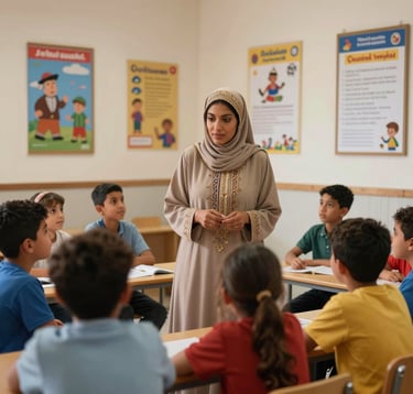 A focused shot of a Moroccan teacher interacting with children in a modern classroom, educational posters on the wall, warm lighting, professional photography, North African / Moroccan environment.