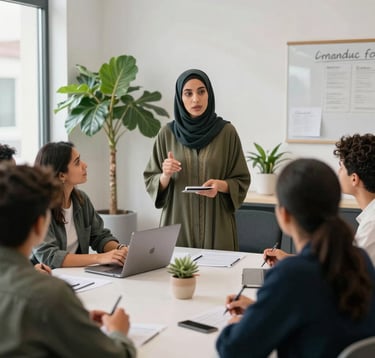A focused shot of a Moroccan woman professional leading a small business workshop, presenting with confidence to a diverse group of young entrepreneurs in a brightly lit, modern office space with green decorative plants.