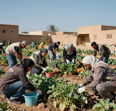 A heartwarming photography of a group of North African volunteers, men and women, working together on a community gardening project in a Moroccan neighborhood. The scene is bright and filled with the green of plants and blue sky, radiating a spirit of empowerment and social service.