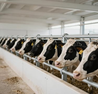 A professional, clean photograph of high-tech livestock feeding infrastructure. The composition features rhythmic lines of polished equipment in a bright, structured environment. The color palette includes off-white surfaces and metallic accents under soft, even lighting.
