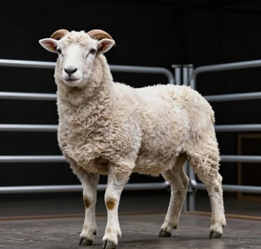 A sharp, high-contrast portrait of a purebred Dorper ram standing in a structured, clean modern pen. The lighting is artistic and dramatic, showcasing the muscular build and high-quality coat of the animal. Minimalist black background.