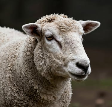 A high-end, artistic close-up photograph of a Dorper sheep, focusing on the texture of its coat and its calm demeanor. The lighting is professional and moody, with a dark background that emphasizes the animal's healthy, well-maintained appearance.