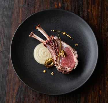 A top-down, minimalist gourmet photography shot of a perfectly prepared Dorper lamb dish on a matte black ceramic plate. Fine gold-colored garnish adds a luxury touch. The background is dark brown wood with soft side-lighting.