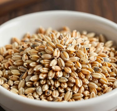 Close-up photography of high-quality, specialized grain feed in a minimalist vessel. The lighting is bright and clean, emphasizing texture. The color palette is warm cream, muted gold, and deep umber shadows.