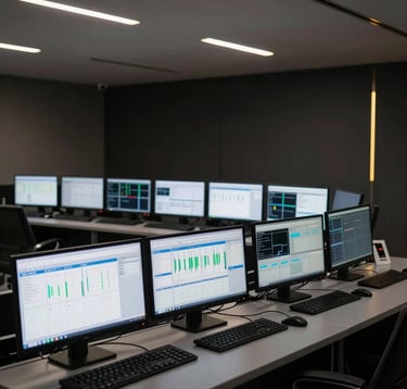 An elegant, professional interior shot of a biosecurity control room. Multiple monitors display clean data visualizations and monitoring graphs. The room is dark with minimalist gold and white status lights, reflecting trust and precision.