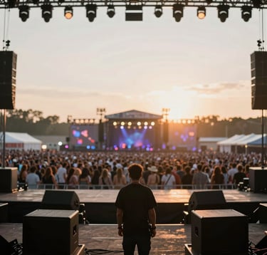 An authentic, candid shot from the back of a large music festival stage, looking out towards a massive, blurred audience under sunset lighting. The focus is on the intricate lighting rig and the silhouette of a crew member, capturing the scale of events. The colors are dominated by warm #8C847E tones and the dark #403B3B of the stage equipment.