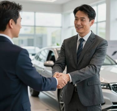 Photography of a professional handshake between an expert and a client in a bright, modern Western European car showroom, soft natural light, clean and premium atmosphere.