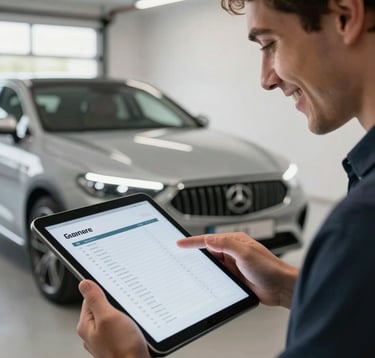 Photography of a person smiling while reviewing a digital inspection report on a tablet, the background shows a blurred premium car in a well-lit French garage, professional and clean style.