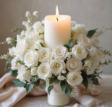 a white pillar candle with flowers bouquet