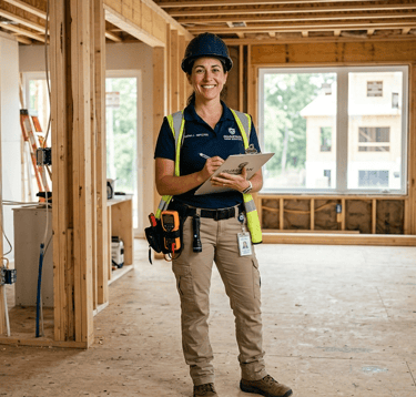 Female building inspector in a hard hat holding a clipboard inside a house under construction.