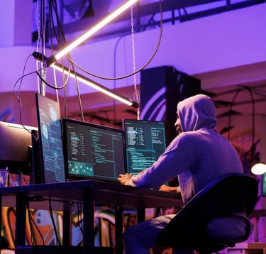 A computer hacker sitting by a table and viewing 3 computer screens