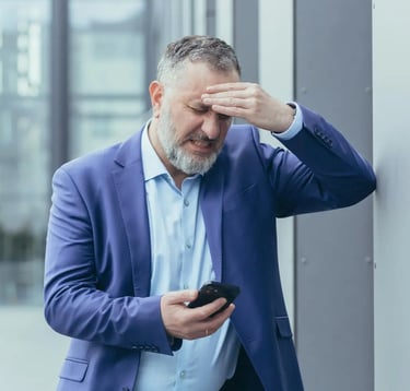 A businessman leaning against a wall having headache