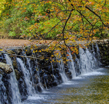 broad, and short waterfall at the dam of Ridley Creek State park, in the fall.