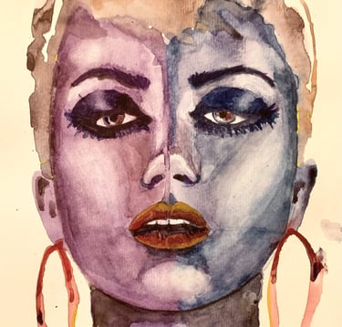 aquarell portrait eines frauenkopfs in lila und blaubei surkow art vom maler paul surkow