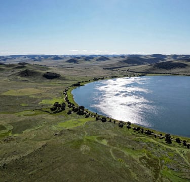 A breathtaking aerial landscape photograph of the Formosa-GO region, showcasing the lush green plains and the sparkling blue water of the nearby lake under a bright South American sun. The image conveys a sense of space and potential.