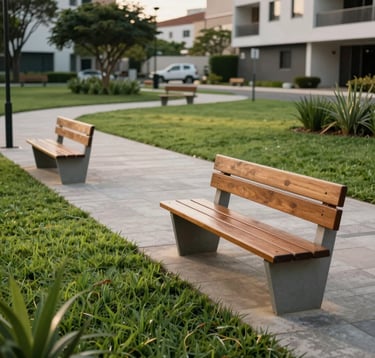 Photography of a peaceful, modern park area within a residential development in Brazil. It features high-quality wooden benches, manicured green lawns, and a safe environment for leisure, captured in soft morning light.