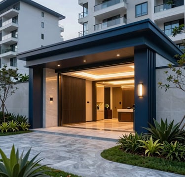 Photography of a modern and luxurious clubhouse entrance in a Brazilian residential area. The design features clean lines, dark blue accents, and warm lighting. In the foreground, there are green landscaped gardens and a clear, inviting pathway.