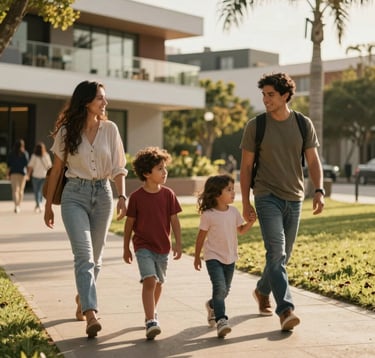 A candid photography of a young South American family walking through a modern park, dressed in casual elegant attire. The lighting is warm and golden, highlighting a lifestyle of leisure, safety, and community in a premium residential setting.