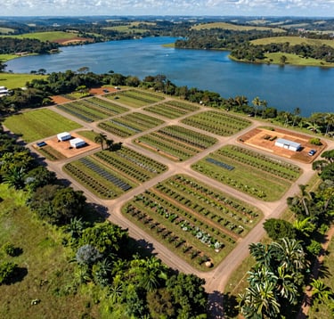 An aerial drone view of a meticulously planned allotment site in Formosa, Brazil, showing paved streets and marked plots. The site is adjacent to a beautiful blue lake and surrounded by vibrant green vegetation under a bright, sunny sky.