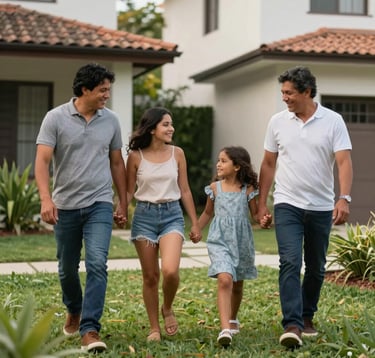 Photography of a happy South American Brazilian family walking together through a beautifully landscaped residential garden. They are smiling and interacting, reflecting a high quality of life. The background shows modern house facades.