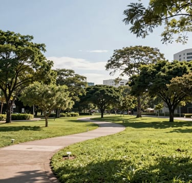 Photography of a sprawling green park area within a high-end Brazilian residential development. A clean pathway winds through native trees and manicured lawns under a bright, sunny sky. The scene conveys a sense of health and connection with nature.