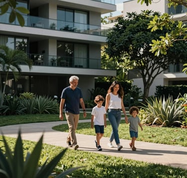 A high-end photography shot of a South American / Brazilian family walking through a modern, green residential park. Soft natural lighting, greenery with dark blue shadows, and clean, sophisticated architectural details in the background.