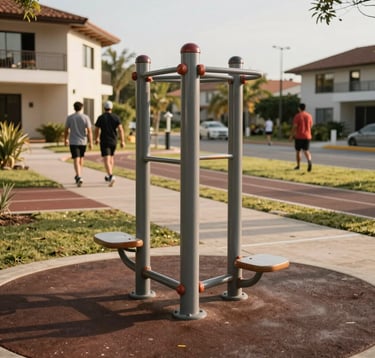 Photography of a modern outdoor fitness station and jogging track in a South American gated community. People in athletic attire are walking in the distance. The lighting is bright and warm, highlighting the premium environment.