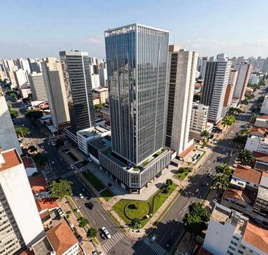A sophisticated architectural drone shot of a well-organized urban layout in a developing Brazilian city. The image shows clean streets, green zones, and a clear vision of modern city planning under a bright morning light.