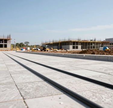 Clean, crisp photography of modern infrastructure being built in a South American residential development. Focused shot of high-quality paving and utility lines against a bright, clear sky, symbolizing growth and professional engineering.