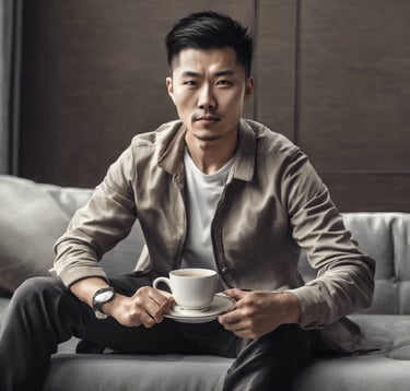 a man sitting on a couch with a cup of coffee