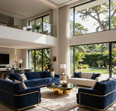 An interior shot of a sophisticated living room in a luxury home. High ceilings, minimalist furniture with navy and gold accents, large windows overlooking a lush Latin American garden. Soft, natural sunlight fills the space.