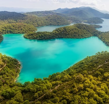 View of Mljet National Park's pristine lakes surrounded by dense forests.
