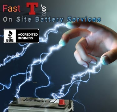 Lightening shooting from fingers towards a car battery and is a link to Fast T's Battery Services 
