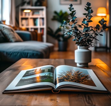 A coffee-table book opened to show photographs in a modern living room