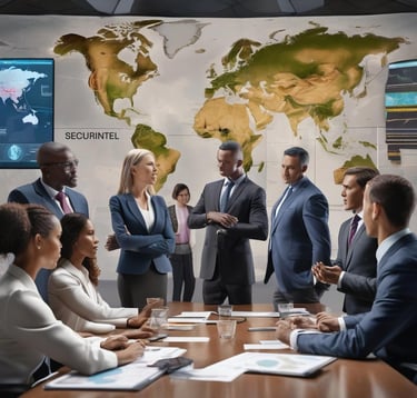 a group of business people in suit and ties standing around a table in SECURINTEL OFFICE