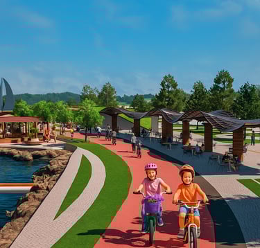 أطفال يركبون الدراجات بسرور على مسار مخصص بجوار البحيرة وسط فضاءات طبيعية ومناطق جلوس عائلية