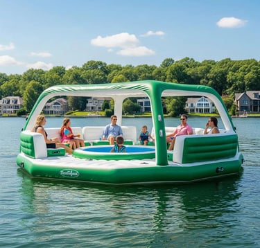 قارب مطاطي عائم باللون الأخضر مزود بمقاعد مريحة ومسبح صغير في الوسط، تستمتع به عائلات وأطفال فوق الب
