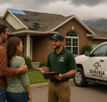Durable Roofing team inspecting roof for insurance claim in Utah.  Homeowner reviewing roof damage