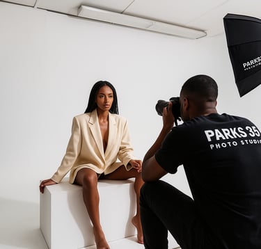 a woman sitting on a white cube in a studio