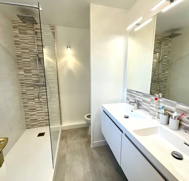 Rénovation salle de bain Serris (77) carrelage, faïence, double vasque, miroir, douche, WC, colonne 