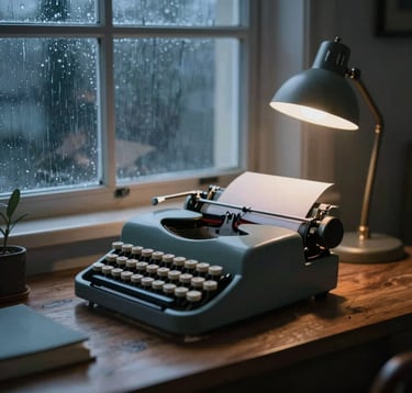 A moody, atmospheric shot of a typewriter on a wooden desk by a window during a rainstorm. The soft blue light of the storm contrasts with a warm desk lamp. Elegant and dramatic composition using #4A5F5C and #8FA39F.