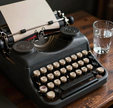 A detailed close-up of a vintage black typewriter on a heavy wooden desk. A single sheet of cream paper is half-typed. Beside it sits a crystal glass of water. The mood is high-drama and focused. Deep tones of #1C2826 dominate with #E8E8E4 paper contrast.