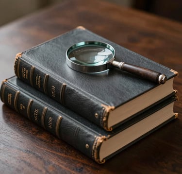 A close-up shot of several antique leather-bound books stacked on a dark oak desk, with a silver magnifying glass resting on the top cover. Soft, focused light highlights the grain of the leather. Palette: #1C2826, #4A5F5C.