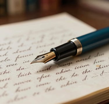 A macro photograph of an antique fountain pen resting on a handwritten manuscript. The paper is slightly yellowed with age. The ink is a deep teal #4A5F5C. Soft focus on the background showing blurred library shelves. Dramatic side lighting creating long shadows.