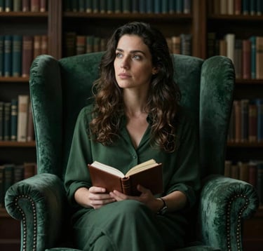 A moody portrait of a female author sitting in a winged armchair in a library. She is looking thoughtfully into the distance, holding a small leather notebook. The lighting is chiaroscuro style, with deep greens #1C2826 and soft highlights #E8E8E4.