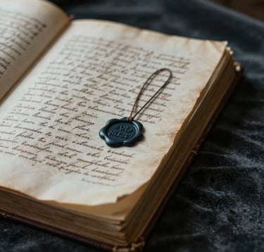 Close-up of an old, heavy manuscript with handwritten ink script and a wax seal, lying on a dark velvet cloth. The lighting is low and moody, focusing on the texture of the parchment. Colors: #1C2826 and #8FA39F.